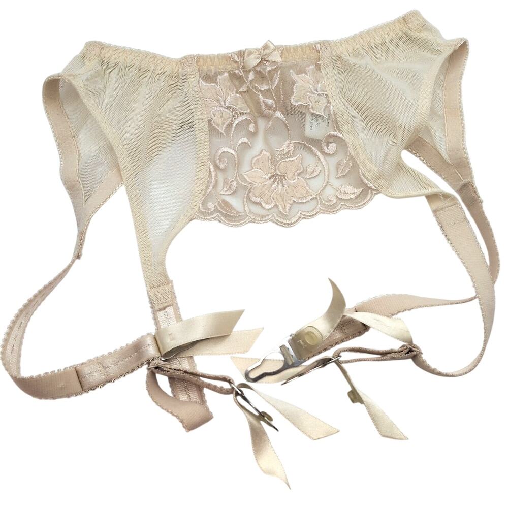 Vintage 90s Victoria's Secret Embroidered Cream Sheer Lingerie Garter Belt XS/S